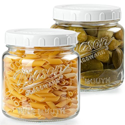 2 Pack Glass Jar with Lid, Half Gallon Mason Jar Wide Mouth for Pantry Storage, Flour, Pasta, Cookie, Candy, Fermenting, Pickle - Airtight Glass Storage Jars for Fridge w 2 Scale Marks(64 Oz)
