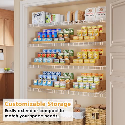 2-Pack Expandable Bamboo Can Rack Organizer for Pantry Display, 3-Tier Adjustable Can Storage Holder, Soda & Canned Food Organizer for Cabinets & Countertops, Holds Up to 48 Cans (Patent Pending)