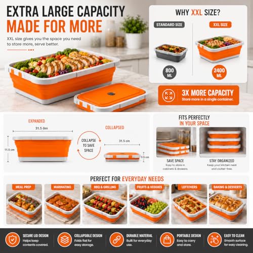2-Pack XL 16L BBQ Prep Tub - 3-in-1 Collapsible Food Prep Tub with Cutting Board, Lid & Strainer, Marinate, Prep & Drain, Foldable Container for Outdoor Cooking, Camping, BBQ & Kitchen Use