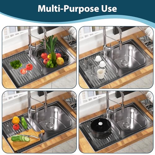KABUM 17.72x11.81 Heavy-Duty Aluminum Alloy Roll Up Dish Drying Rack, Food-Safe Coating with Anti-Skid Silicone, Extra Wide & Thickened Sink Drying Rack for Kitchen Counter, Space-Saving Organizer