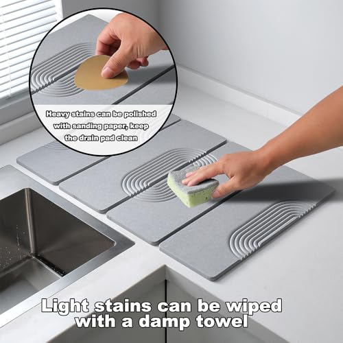 Large Stone Dish Drying Mat for Kitchen Counter,Collapsable Stone Dish Drying Mat with Diatomaceous Earth for Quick Drying-Ultra Absorbent-Eco-Friendly,Foldable -23.6"×15.7" Light Gray Curved Grooves - color: HXTY-Light Gray