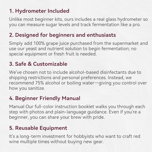 Wine Making Kit Home Brewing - Complete Grape Juice Brew Starter Set for Beginners, 1 Gallon Glass Fermentation Jar with 4 Bottles, Yeast & Nutrients, Siphon, Airlock and Step-By-Step Guide