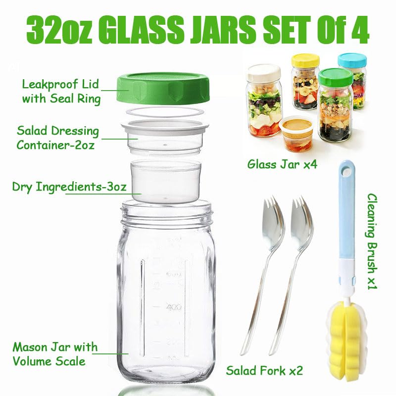 Glass Salad Jars 32oz 4-Pack with Dressing Cup | Leakproof, wet/dry separation, airtight mason jars, meal prep containers, portable lunch container, office travel