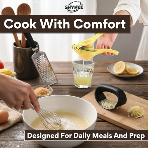 4PCs Kitchen Essentials Set – Premium Quality Lemon Squeezer, Garlic Press, Stainless Steel Whisk, Multi-Use Grater, Cheese Grater – Durable, Easy to Clean Cooking Tools Set for Everyday Meal Prep