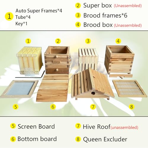 Beehive Nuc Box, Auto Beehive, Cedarwood Bee Hive with 4pcs Auto Honey Frames,6pcs Brood Frames, 1pcs Bamboo Queen Excluder, Easy Assembly Ideal for Beginners