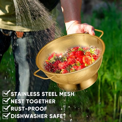 Bokon 3 Pcs Stainless Steel Colander Set Colander Bowl and Sieves 1/3/5 Quart Metal Mesh Strainer Net Basket with Handles Food Spaghetti Strainer for Kitchen Draining Pasta Rinsing(Gold) - color: Gold