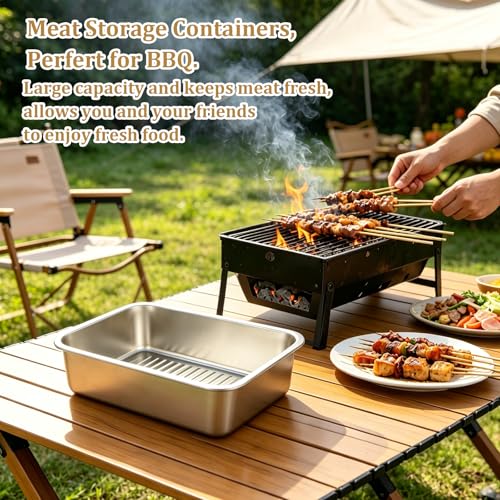 2 Pack 5.6 Qt Stainless Steel Marinade Containers with Lid, Metal Meat Brining Containers, Brining Prep Storage Box Dishwasher Safe for BBQ Tailgates Storage