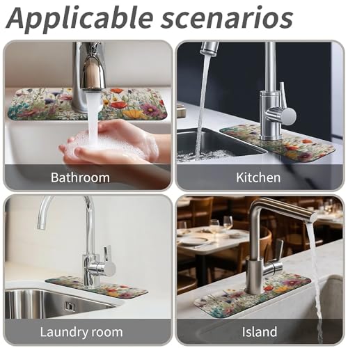 Kitchen Sink Splash Guard,wildflowers-in the meadow Faucet Mat Sink Gadgets-Super Absorbent Fast Drying Mat Drip Catcher for Kitchen, Bathroom,Sink Mat, Dish Drying Mat, Bathroom(15" X 5.5" ) - color: wildflowers-in the meadow