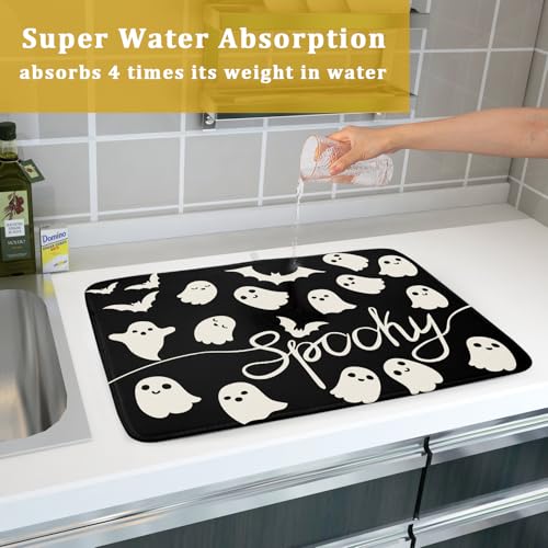 Halloween Dish Drying Mat for Kitchen Counter 18x24 Cute Ghost Black Spooky Holiday Scary Theme Absorbent Reversible Microfiber Drying Mats Kitchen Countertop Protector Dishes Drainer Pad - size: 18" x 24"