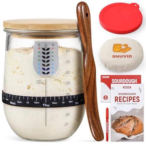 1 L (34 oz) Sourdough Starter Jar Kit, Wide Mouth Potbelly Crock - Glass Sour Dough Starter Bread Jar Set - Sourdough Baking Supplies - Sour Dough Bread Accessories Gifts for Sourdough Lovers