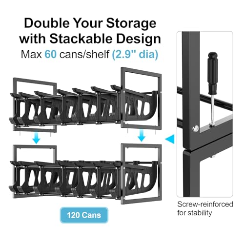 iSPECLE Pantry Can Organizer - Auto-Rolling, Expandable, Holds 120 Cans | Stackable For Walk-in Deep Pantry Shelve, Adjustable Width for Food Cans, Sturdy Metal Frame, Easy Access & Restocking, Black - color: 120 Cans, Black