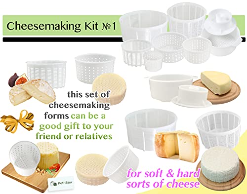 PetriStor 7pcs Cheese Making Kit Beginners №1 - Soft Cheese Molds + Cheese Mold with a Follower Piston - Cheese Making Supplies - Cream Cheese Form Mold Basket
