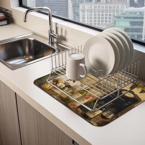 Chef Dish Drying Mats for Kitchen Counter, Wine Bottles Grapes Cheese Rustic Farmhouse Absorbent Coffee Bar Mat with Non-slip Rubber Backed Quick Drying Dish Rack Pad 16"x24" - size: 24" x 16"