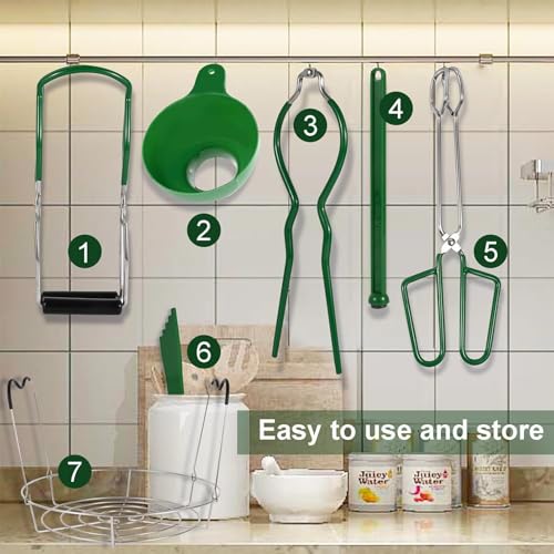 7 Pieces Canning Supplies Kit, Green | Stainless Steel Canning Tools Set, Steamer Rack, Canning Funnel, Jar Lifter, Wrench, Tongs, Lid Lifter, Bubble Remover Tool - color: Green
