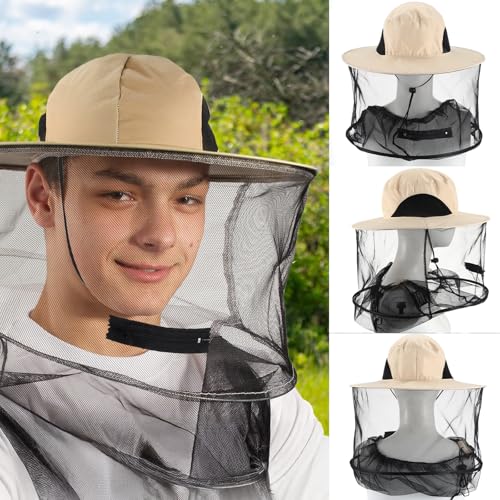 Beekeeping Gloves Hats Set 2 Thick Goatskin Leather Bee Gloves with Ventilated Sleeves and 2 Pack Beekeeping Fencing Veil Mosquito Hats Netting Sun Head Net Hat with Hidden Net Mesh Mask (Set of 2)