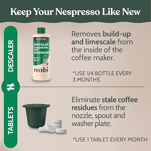 Roobi Descaling and Cleaning Kit Compatible with Nespresso Originaline. Includes 1 Bottle of Descaling Solution, 12 Cleaning Tablets and 1 Reusable Pod. Carbon Neutral. 1 Year Supply. - style: Descaling & Cleaning Kit