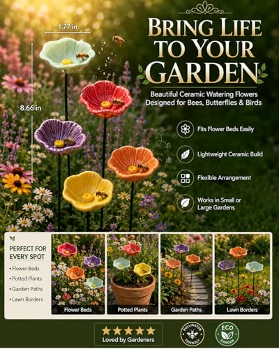 Bee Watering Station for Garden Cups Bird Butterfly Bees Ceramic Drinking and Water Bath Feeder Cup Blossoms Flowers Shaped Design Poppies Bowl Wildlife Feeding 5PCS Watring Pollinator (#5PCS-D) - color: #5PCS-D