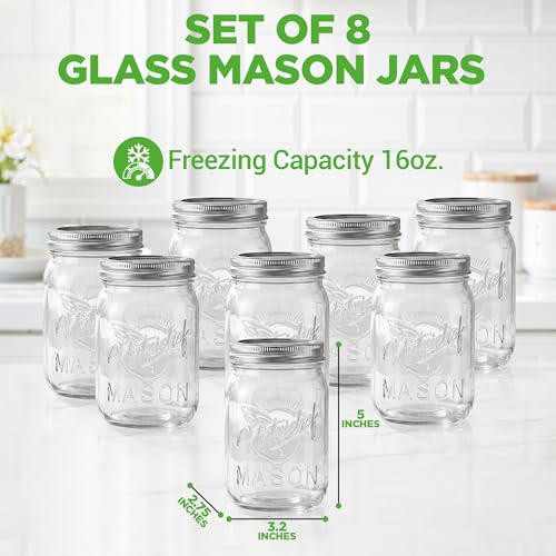 NutriChef 8-Pack 16 oz Mason Jars with Lids - Thick Glass Canning Jars with Stainless Steel Lids - Ideal for DIY Spices, Meal Prep, Overnight Oats, Jelly, Jam, Honey, Candles, Crafts, & More - style: 8 pack