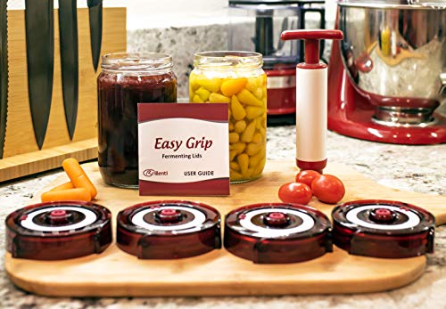 Fermenting Lids for wide mouth mason jars. 4 waterless airlock fermentation lids kit. Easy Grip fermenter lid with Oxygen Pump automatically Vents air. Tracks ferment date. (4 Lids + Pump)