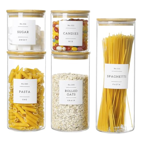 HHMJSM 5 Pcs Glass Food Storage Containers With 132 Pantry Labels Preprinted - Thicken(3mm) Jars Airtight Bamboo Lid Stackable Kitchen Canisters Set For Candy, Cookie, Rice, Sugar, Flour
