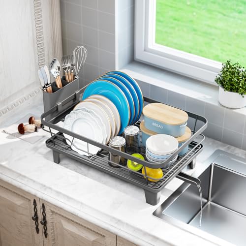Urackify Dish Drying Rack for Kitchen Counter, Sink Dish Rack with Drainboard 12.2" W x 16.5" L, Large Dish Drainer with Cutlery Holder, Home Countertop Plate Dryer Storage Rack, Gray - color: Gray