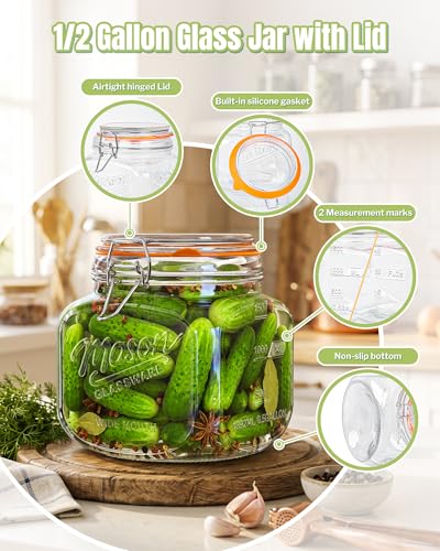 Half Gallon Mason Jar with Airtight Lid - Leakproof 64 Oz Wide Mouth Mason Jar for Sourdough Starter, Pickling, Flour Sugar Cookie Candy Storage, Pantry Organization and Kitchen Storage, 2 Pack