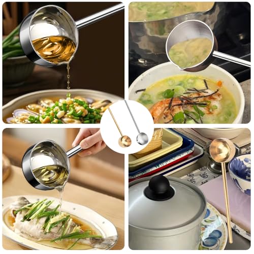 2 PCS Small Soup Ladle SUS304 Stainless Steel Metal Deep Spoon With Pour Spout for Serving Soups, Gravy and More(Gold + Silver)