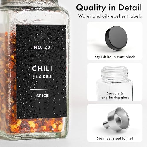 EDELHAUS Glass Spice Jars with Label, Seasoning Set, 24x Black Steel Lids | Airtight Lids keep spices fresh, Kitchen Spice Drawer Organizer, 4oz Seasoning Containers incl. Funnel, Brush & 240 Labels - color: Black Stainless Steel Lid