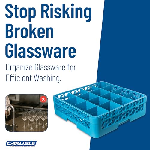 Carlisle FoodService Products Opticlean Glass Rack 16 Compartments with 1 Extender for Kitchens and Restaurants, 19.875" x 19.875" x 5.5", Compartment Size 4.45" x 4.45" Blue