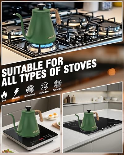 Gooseneck Kettle Stovetop with Thermometer for Durable 3-Layer Base,Pour Over Kettle Stainless Steel Tea Kettle Compatible with all Stove Tops (Green, 37 fl oz) - color: Green