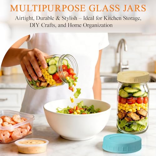 32oz Glass Wide Mouth Mason Jar with Divider and Lid | wet dry separated, plastic divider, leakproof lid, portable,wide mouth glass jar, meal prep, food-grade glass, freezer safe