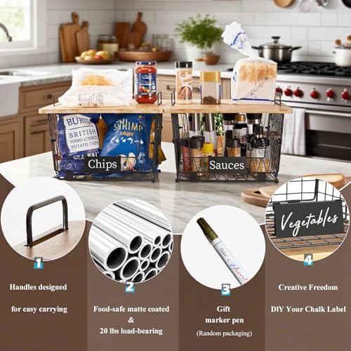 【XXL Big Size】 2 Pack Stackable Wire Storage Baskets with Bamboo Lid- Kitchen Countertop Organizer for Fruit Vegetable -Large Metal Bin for Pantry Organization and Storage, Black - size: 2 PACK