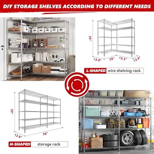 REIBII 58" W Storage Shelves Wire Shelving 1400LB Metal Shelves for 5 Tier Shelving Unit with Shelf Adjustable Garage Shelving Rack for Pantry Kitchen Garage, 58" W x 59" H x 13.8" D, Chrome - style: Chrome-13.8"D x 58"W x 59"H-5 Tier