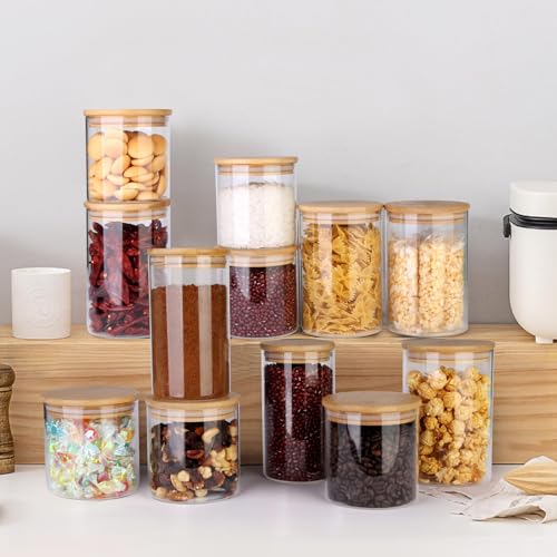 Glass Food Jars with Lids,37oz Glass Storage Containers with Airtight Bamboo Lids,Round Glass Canister Set of 4, Pantry Organizers and Storage for Cookie Flour Oat Pasta Tea Coffee Bean - size: 37oz-Set of 4