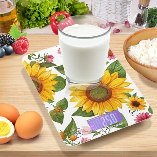 Food Scale Kitchen Digital Scale Food Ounces and Grams Dieting Baking Cooking Waterproof Glass Panels LCD Display,4 Units Scale Tare Function Sunflower White - color: Sunflower 34
