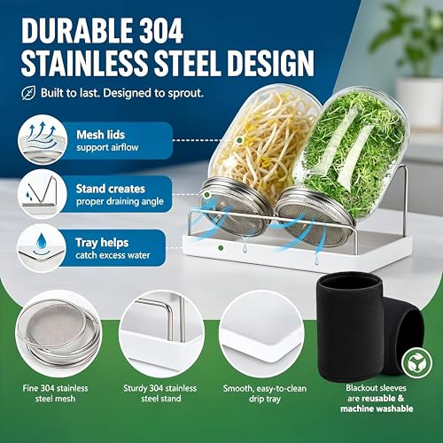 Sprouting Kit,Seed Sprouting Jar Kit,2Pcs Large Wide Mouth Mason Jar with 304 Stainless Steel Screen Sprout Lid,Sprout Jar Stand,Tray,Blackout Sleeves,Sprouts Growing Kit for Broccoli,Mung Bean - color: Red