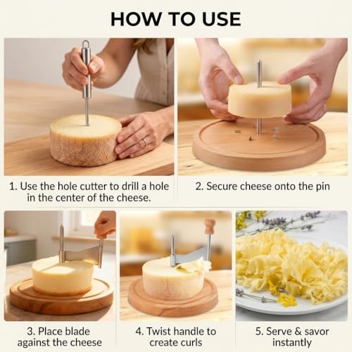 Cheese Curler Wheel – Manual Rotating Cheese Curler with Sharp Stainless Steel Blade & Non-Slip Wood Base, Makes Rosette Curls for Tete de Moine, Chocolate, Butter, Home, Parties, Charcuterie & Gifts