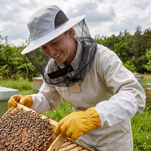 Sucrain Beekeeping Gloves Hats Set Thick Leather Bee Gloves with Ventilated Sleeves & Bee Keeper Fencing Veil Mosquito Hats Bee Outfit for Backyard and Beekeeping
