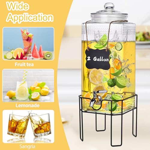 2 Gallon Glass Drink Dispenser, Drink Dispensers for Parties, Beverage Dispenser with Stand and Glass Lid, 100% Leakproof Spigot, Ideal for Lemonade, Juice, Laundry Detergent Dispenser - size: 2 Gallon