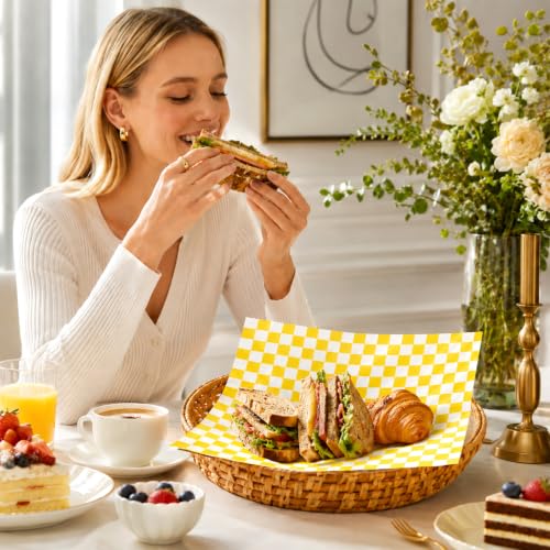 1000 Pcs Deli Paper Sheets 12x12", Premium Food Basket Liners, Grease Resistant Wax Paper Sheets for Food, Classic Checkered Sandwich Wrapping Paper for Party, Festival and Outdoors - color: Yellow