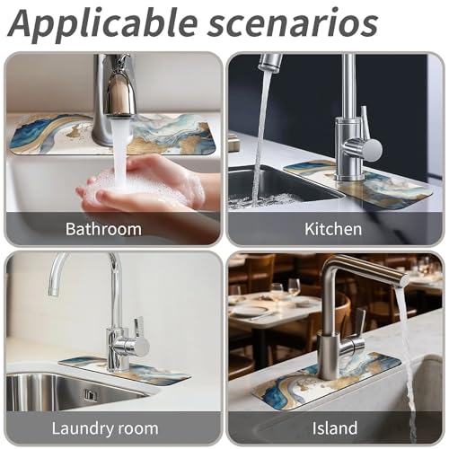 Kitchen Sink Splash Guard,Natural blue and gold marble Faucet Mat Sink Gadgets-Super Absorbent Fast Drying Mat Drip Catcher for Kitchen, Bathroom,Sink Mat, Dish Drying Mat, Bathroom(15" X 5.5" ) - color: Natural blue and gold marble