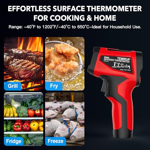 Infrared Thermometer Gun - TEMIRUP Non-Contact Digital Laser Temperature Gun with Color LCD Display for Cooking, Griddle, Engine, HVAC, IR Temp Gun with Adjustable Emissivity,-40℉~1202℉(-40℃~650℃) - color: Red -40℉~1202℉(-40℃~650℃)