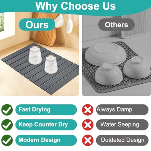 3 Pcs Large Stone Drying Mats for Kitchen Counter Diatomaceous Earth Dish Fast Dry Stone Sink Mat Dish Drying Matt Pad Water Absorbing Bathroom Trays Kitchen Countertop Diatomite Dish Draining Mat - color: Dark Gray