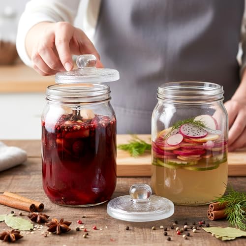 2 Pcs Glass Fermentation Weight Set, 3.7 inch Large and Heavy Jar Glass Fermenting Weights with Easy Grip Handles for Wide Mouth Mason Jars Sauerkraut Kimchi