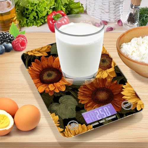 Food Scale Kitchen Digital Scale Food Ounces and Grams Dieting Baking Cooking Waterproof Glass Panels LCD Display,4 Units Scale Tare Function Sunflower - color: Sunflower 11