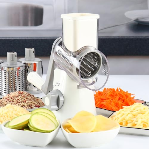 Cambom Rotary Cheese Grater Hand Crank Cheese Shredder for Fresh Cheese, Vegetable, Nuts,Non-slip Suction Base,Three Blades,White - color: White, size: 3 BLADES
