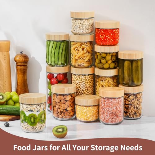 DRKIO 24 Oz Overnight Oats Containers with Bamboo Lids - 4 Pack Glass Storage Jars with Airtight Lids Wide Mouth Mason Food Jars Great for Meal Prep Salad Chia Pudding Snacks Yogurt Sugar Spice - color: 24 Oz - Natural