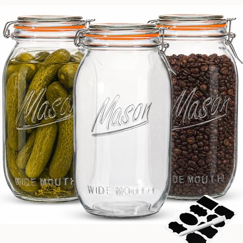 Half Gallon Mason Jars 64 oz Wide Mouth 3 Pack, Airtight Hinged Lid, BPA Free, Dishwasher Safe, for Canning, Pickling, Fermenting, Kitchen Storage, Coffee