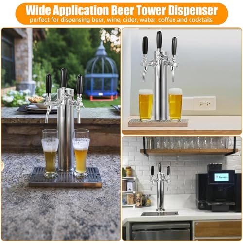 3 Tap Beer Tower Adjustable Flow Control Beer Faucet Three Tap Beer Tower Stainless 3” Triple Tap Beer Tower Dispenser Kegerator Tower Kit with Pre-Assembled Tubing and Self-Closing Springs