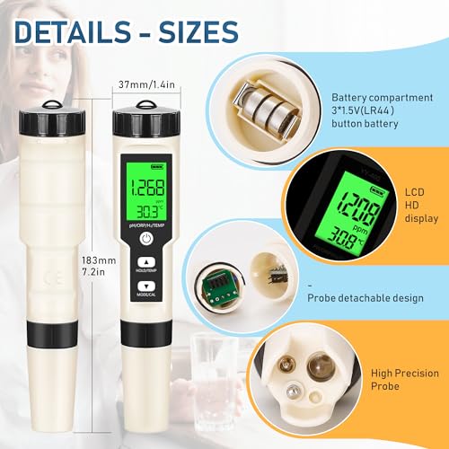 Hydrogen Water Tester 4 in 1 PH,H2,ORP&Temp,pH Meter ORP Meter Hydrogen Tester for Water with ATC & Backlight,Accurate Hydrogen Water ppb/ppm Meter - size: 4 in 1
